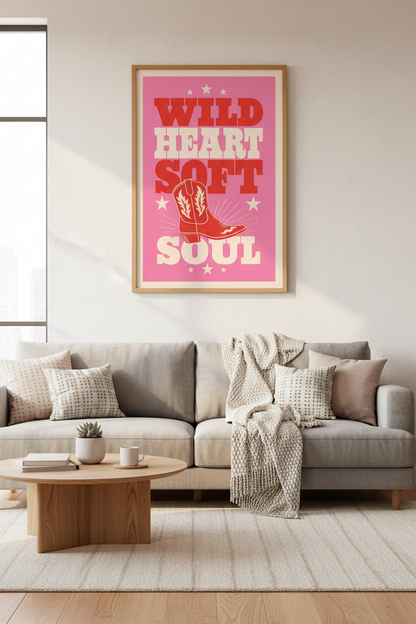 Wild Heart Soft Soul Wall Art Print | Pink Western Decor | Retro Cowgirl Poster