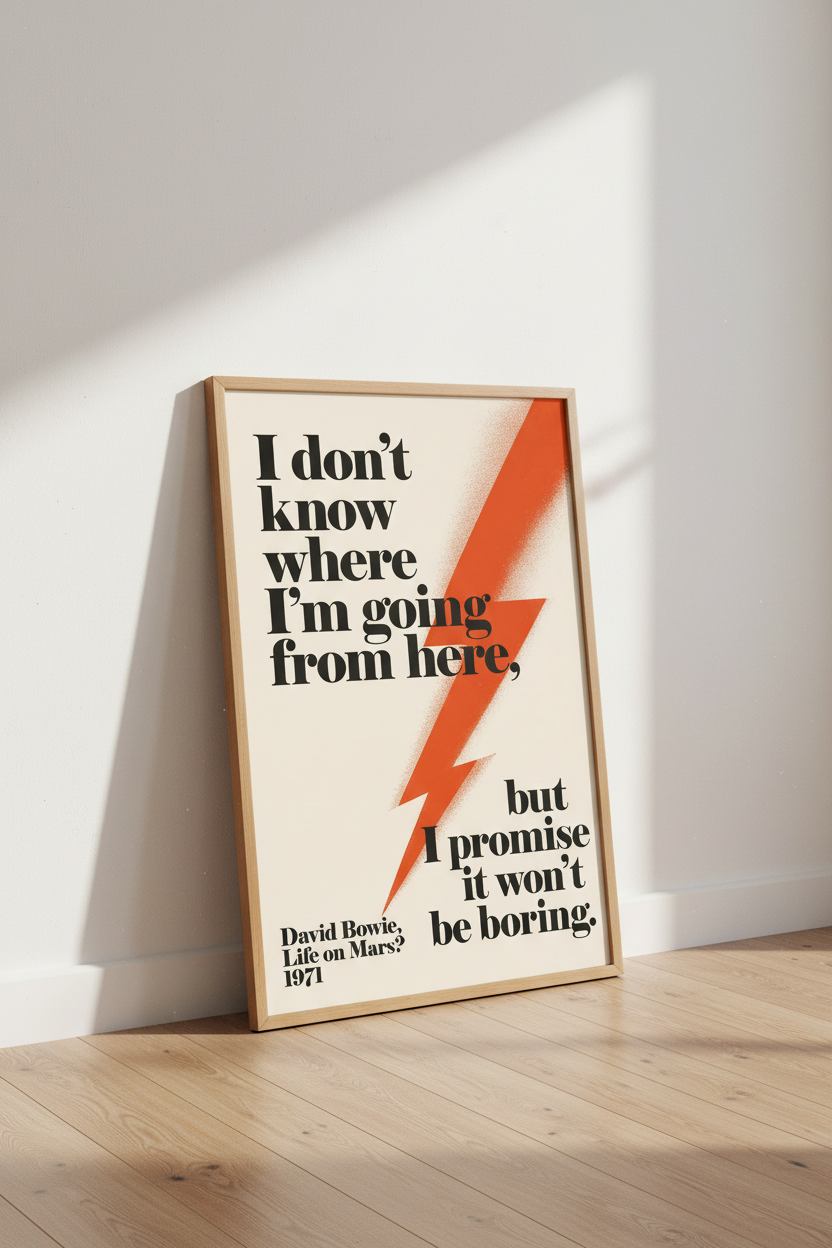 David Bowie Quote Wall Art | Retro Music Poster, Orange Lightning Bolt Decor
