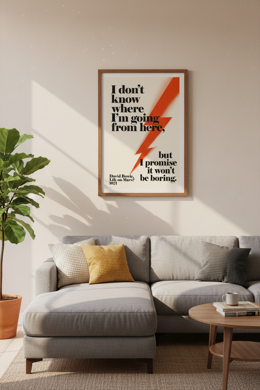 David Bowie Quote Wall Art | Retro Music Poster, Orange Lightning Bolt Decor