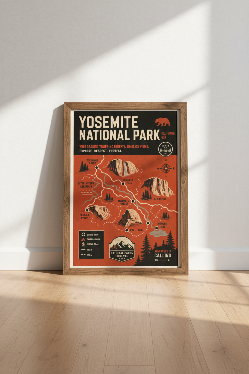 Yosemite National Park Map Print | Vintage Retro Poster, Cabin &amp; Office Wall Art