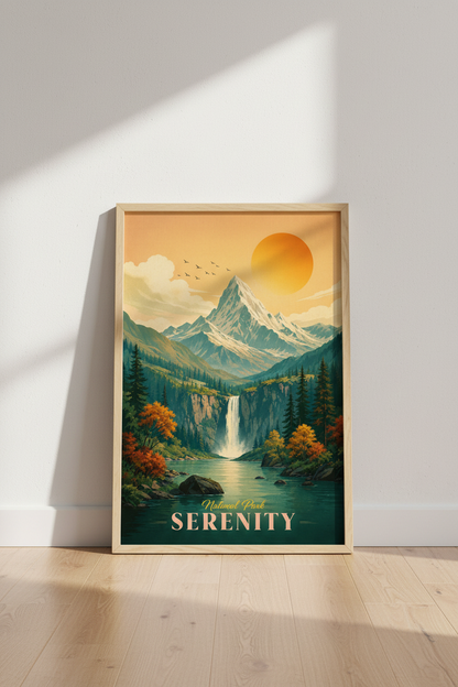 Mountain Landscape | Vintage Travel Style, National Park Waterfall Wall Art Poster