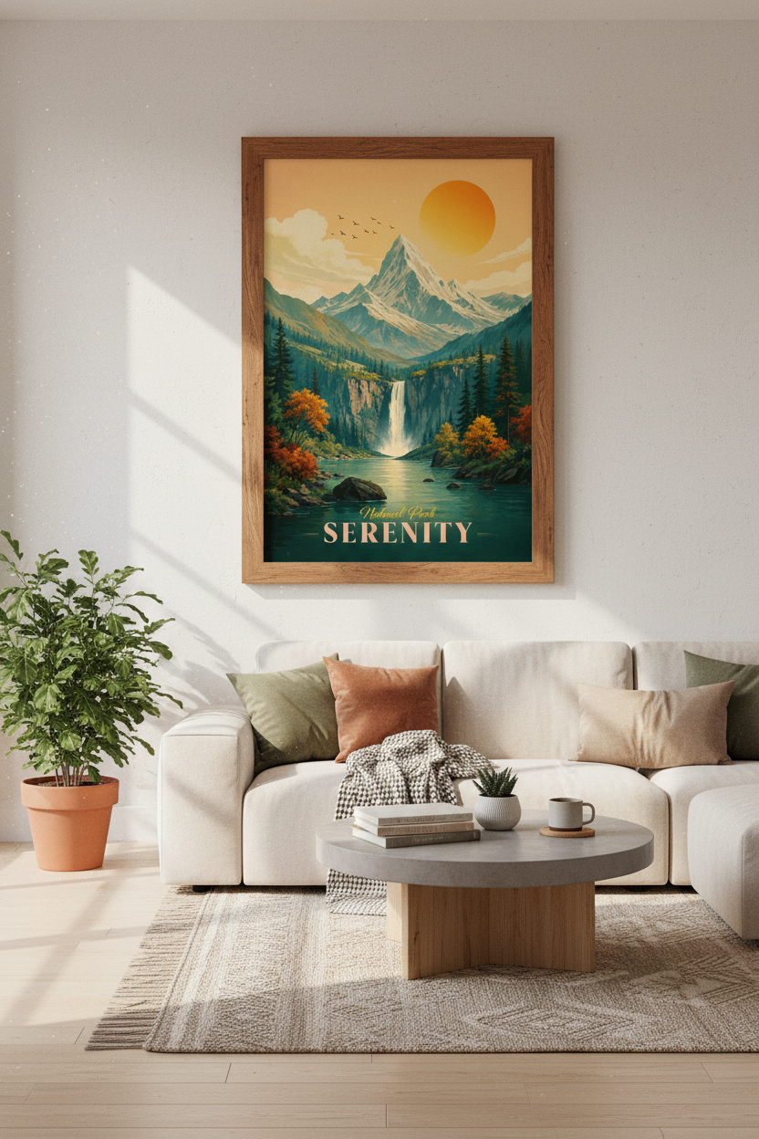 Mountain Landscape | Vintage Travel Style, National Park Waterfall Wall Art Poster
