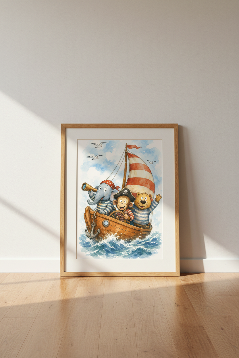 Pirate Animal Boat Wall Art | Watercolor Nursery Decor | Nautical Adventure Poster