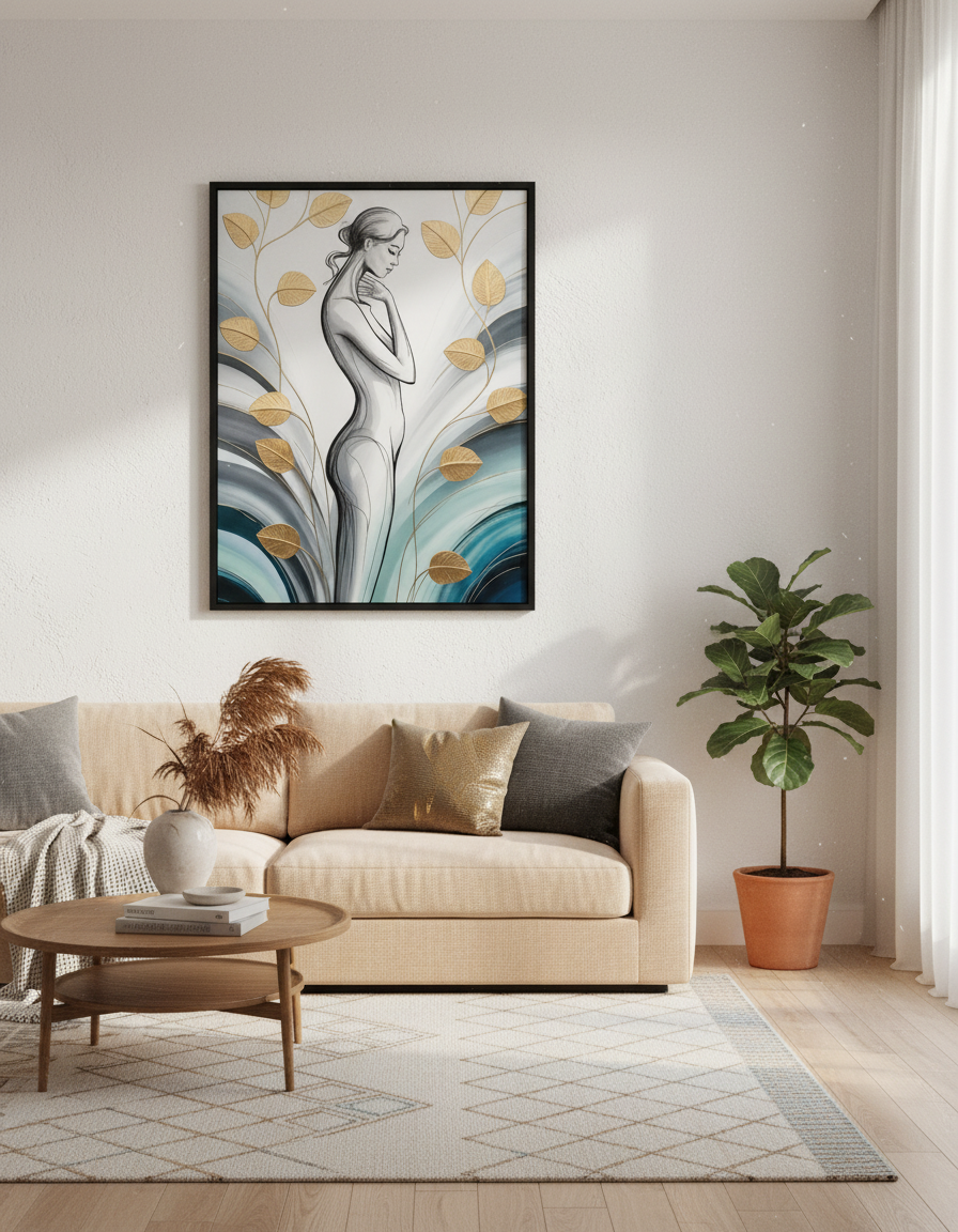 Abstract Woman Line Art Wall Art Print | Bedroom Decor | Gold Leaf Aesthetic Poster