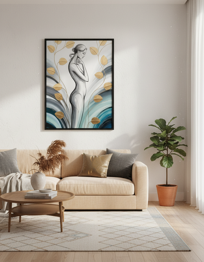 Abstract Woman Line Art Wall Art Print | Bedroom Decor | Gold Leaf Aesthetic Poster