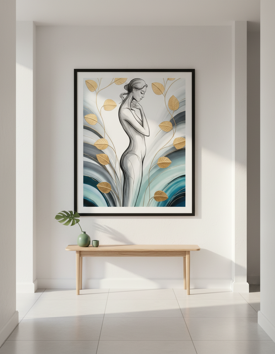 Abstract Woman Line Art Wall Art Print | Bedroom Decor | Gold Leaf Aesthetic Poster