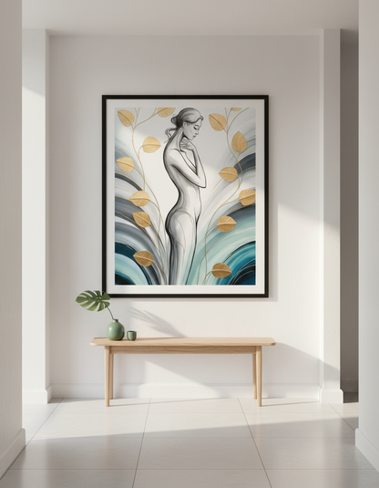 Abstract Woman Line Art Wall Art Print | Bedroom Decor | Gold Leaf Aesthetic Poster