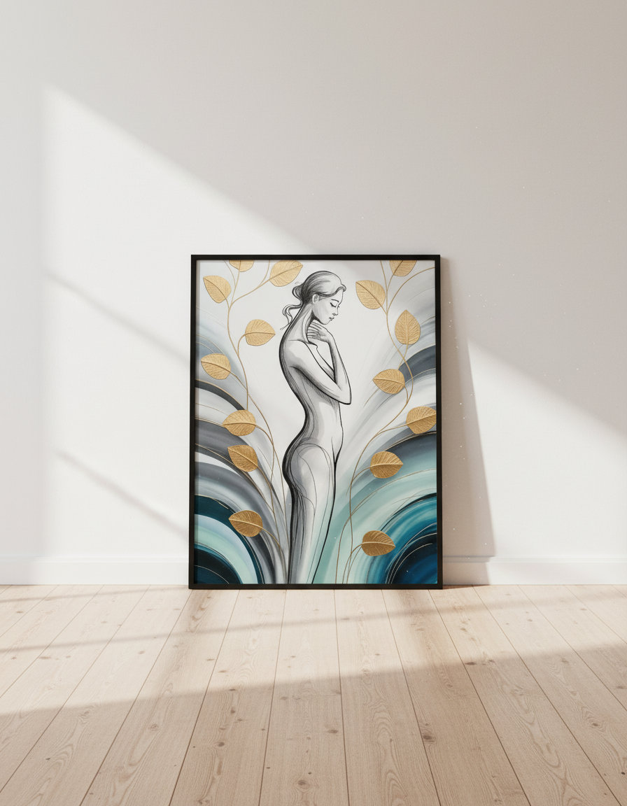Abstract Woman Line Art Wall Art Print | Bedroom Decor | Gold Leaf Aesthetic Poster