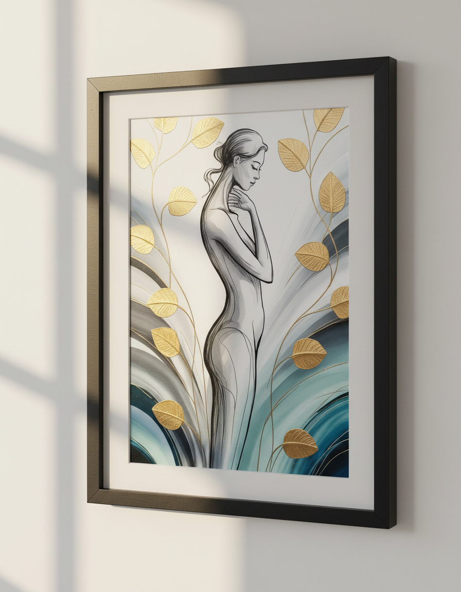 Abstract Woman Line Art Wall Art Print | Bedroom Decor | Gold Leaf Aesthetic Poster