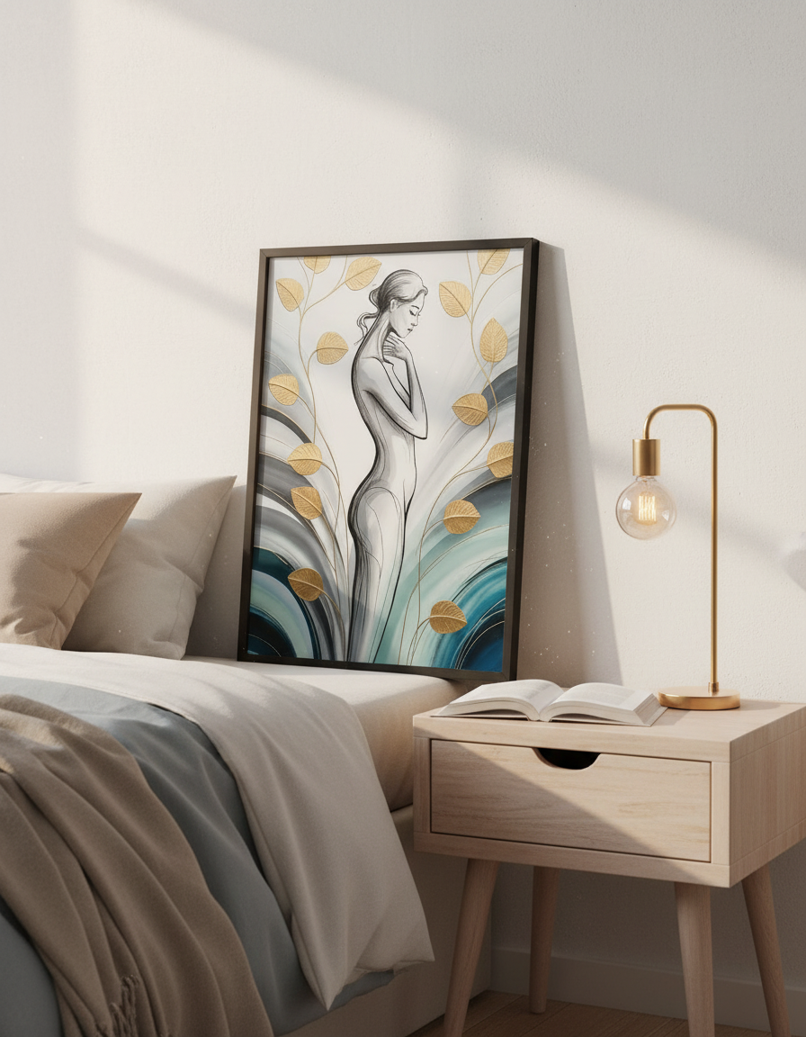 Abstract Woman Line Art Wall Art Print | Bedroom Decor | Gold Leaf Aesthetic Poster