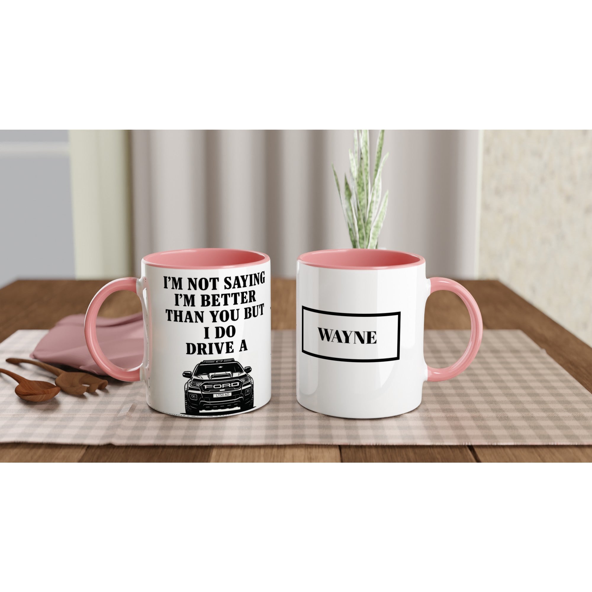Personalized Ford Ranger Wildtrak Mug - Modified Car Lover Dad Gift 11oz - Add Your Own Name and Number Plate Ceramic Pink