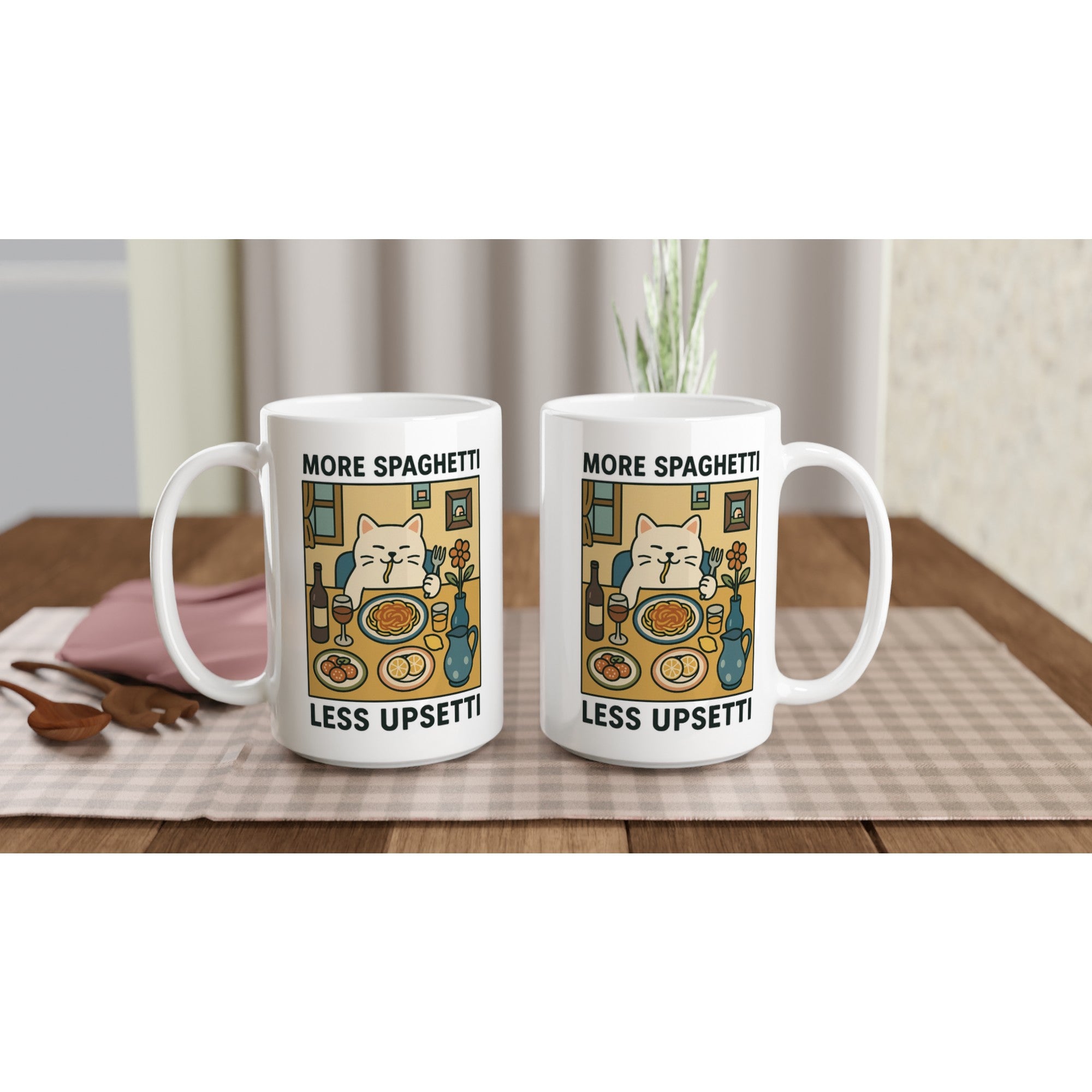 More Spaghetti Less Upsetti Mug - Cute Cat Lover Gift - 15oz Ceramic Cup for Coffee &amp; Tea - White 15oz Ceramic Mug