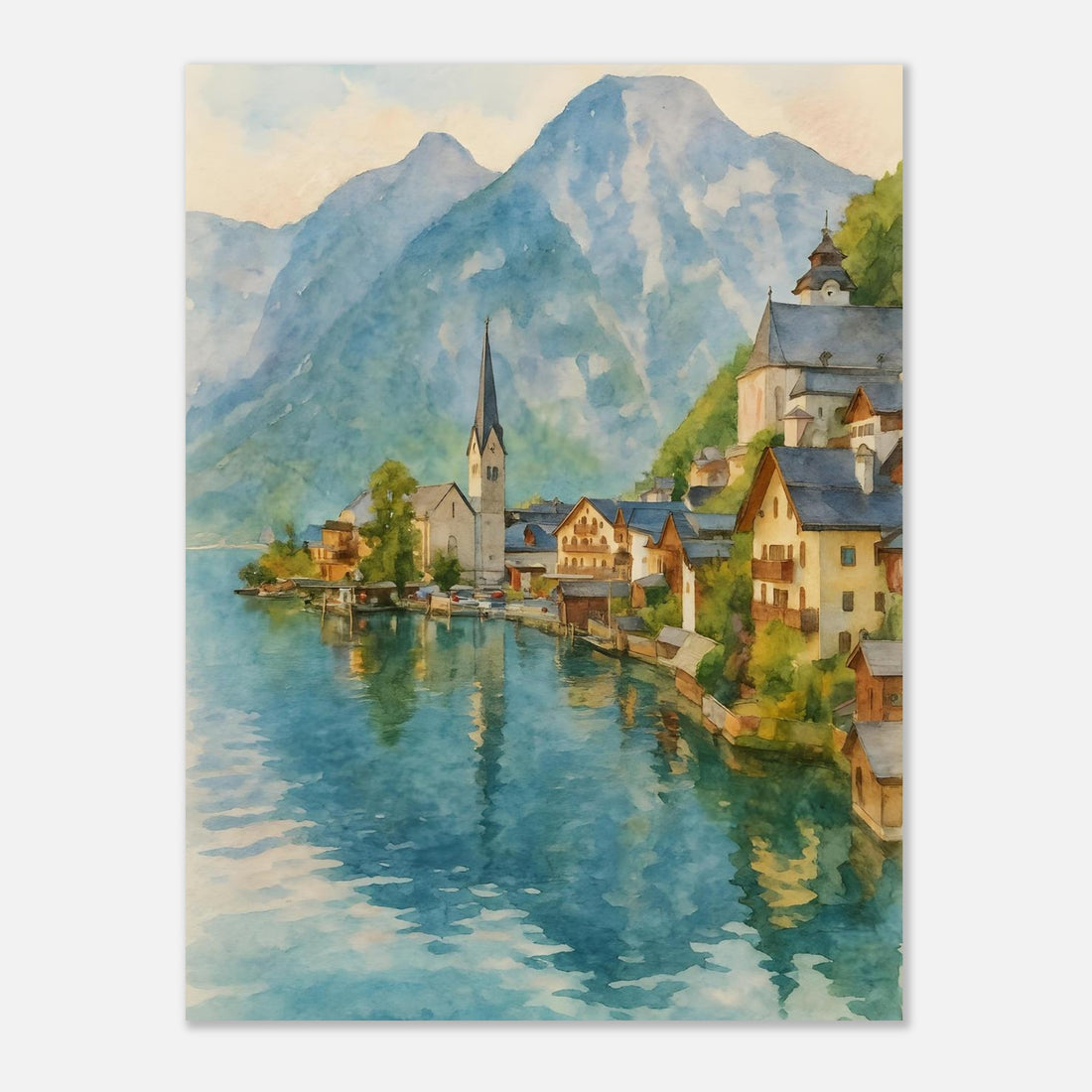 Hallstatt Austria Watercolour Print – Unframed Scenic Travel Poster, Alpine Village Decor 45x60 cm 18x24″