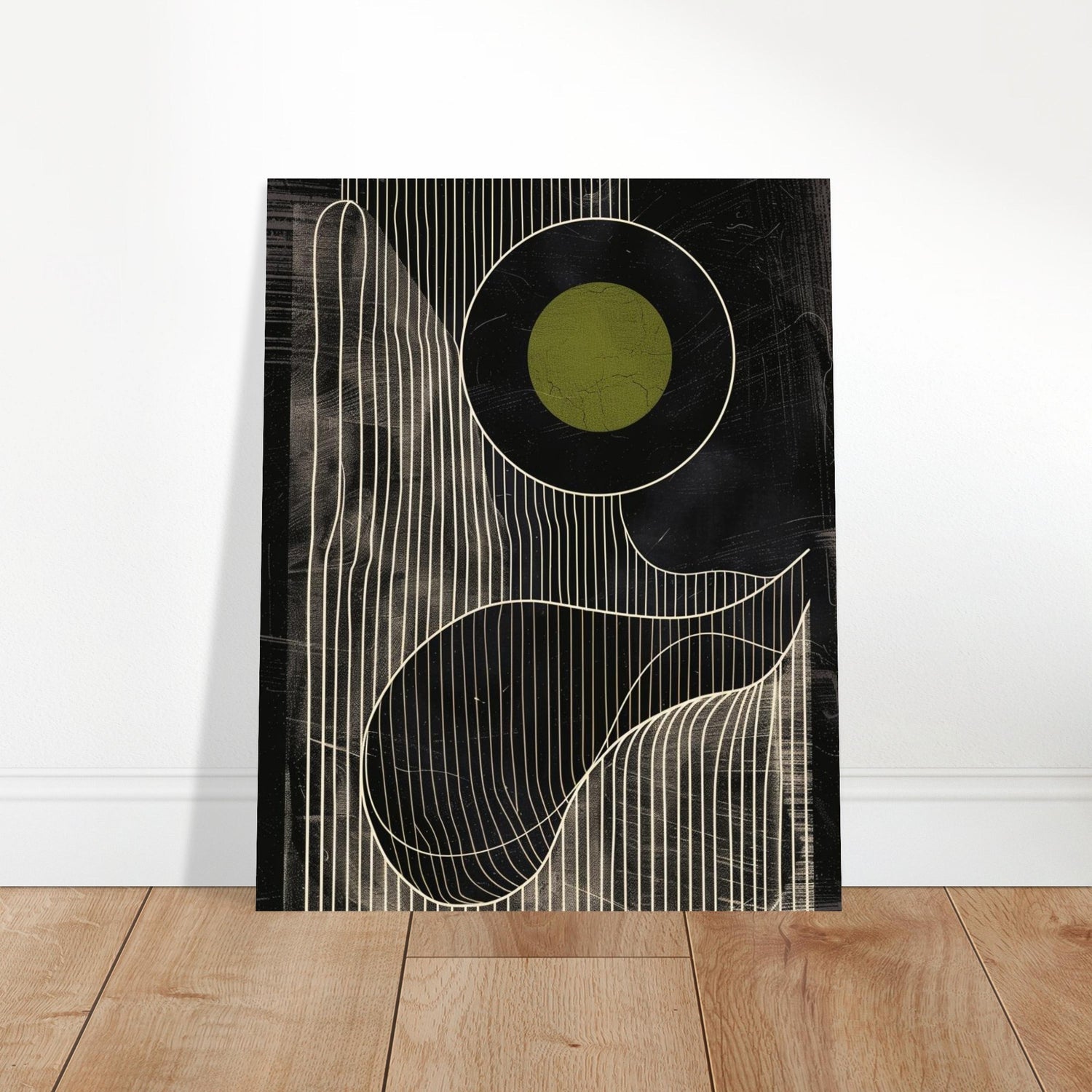 Olive Eclipse: Linear Noir Abstraction - Modern Minimalist Wall Art Print 40x50 cm 16x20″