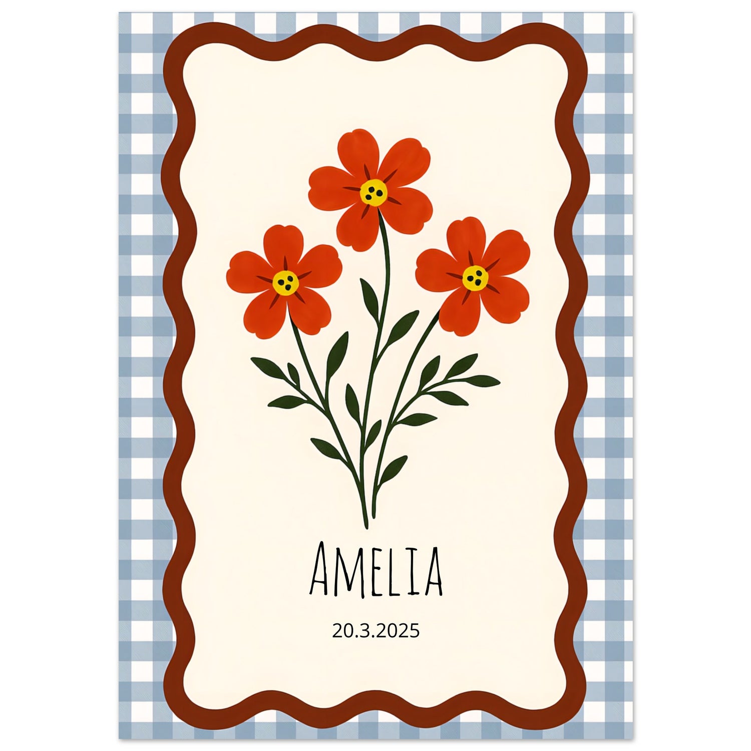 Personalized Nursery Poster – Red-Orange Floral Print, Gingham Nursery Print, Wall Art Decor A2 (42 x 59.4 cm)