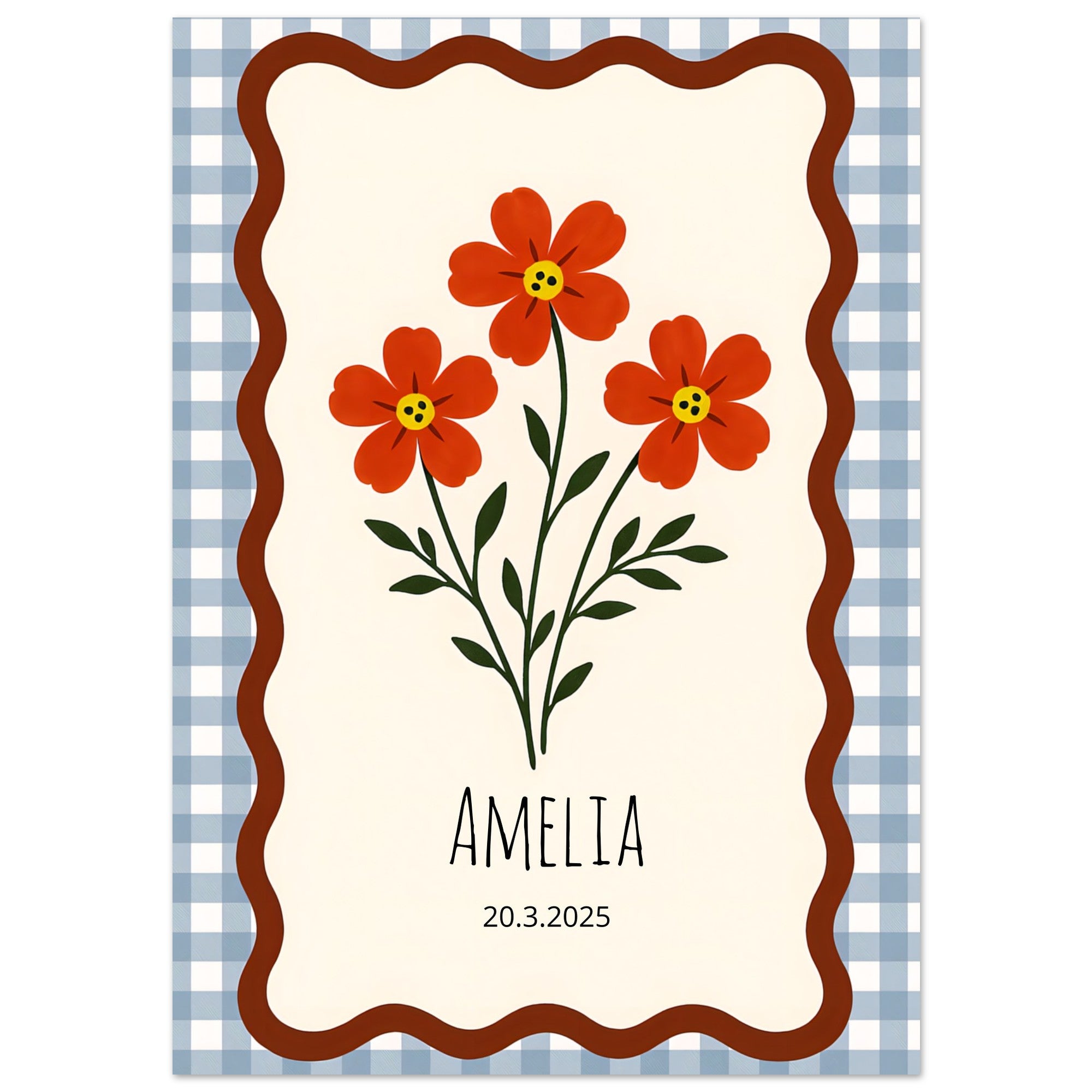 Personalized Nursery Poster – Red-Orange Floral Print, Gingham Nursery Print, Wall Art Decor A2 (42 x 59.4 cm)