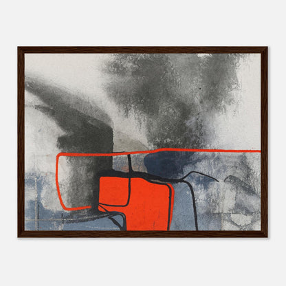 Urban Ember – Abstract Expressionist Print with Red Accents, Modern Art Poster, Moody Watercolor - Matte Wooden Framed 30x40 cm 12x16″ Dark wood frame