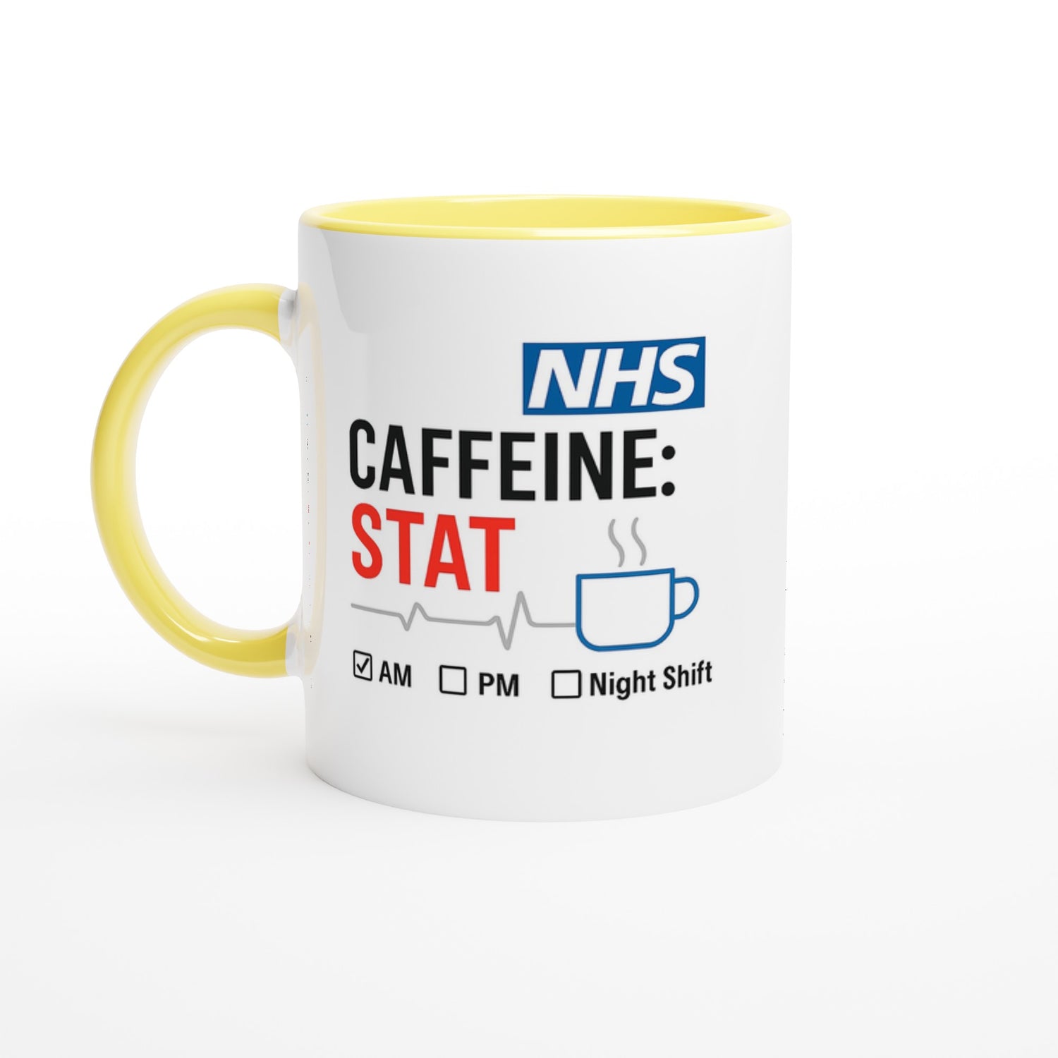 Funny NHS Nurse Mug - Caffeine STAT Coffee Cup - Gift for Day Evening Night Shift Healthcare Heroes - Doctor Mug Ceramic Yellow