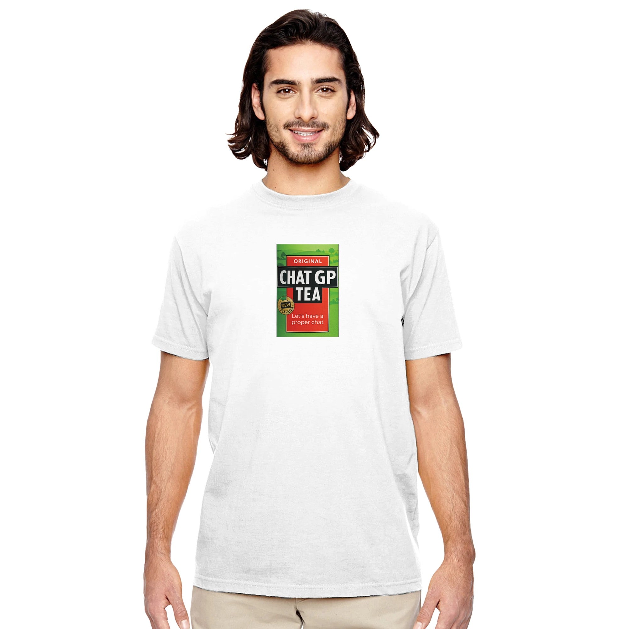 Chat GP Tea - Humorous Top for Tea Lovers &amp; ChatGPT AI Fans - Organic Unisex Crewneck T-shirt White