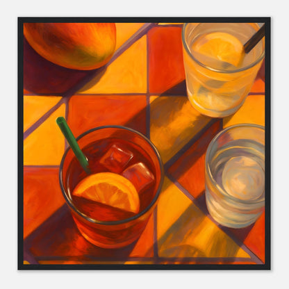 Vibrant Mango &amp; Citrus Still Life Poster - Warm Tile Aesthetic Wall Art - Wooden Framed Poster 50x50 cm 20x20″ Black frame