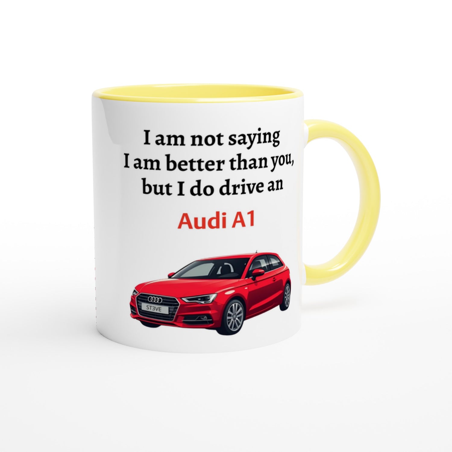 Personalized Audi A1 Mug - Custom Ceramic Coffee Cup for Car Lovers - 11oz Dishwasher Safe Ceramic Yellow