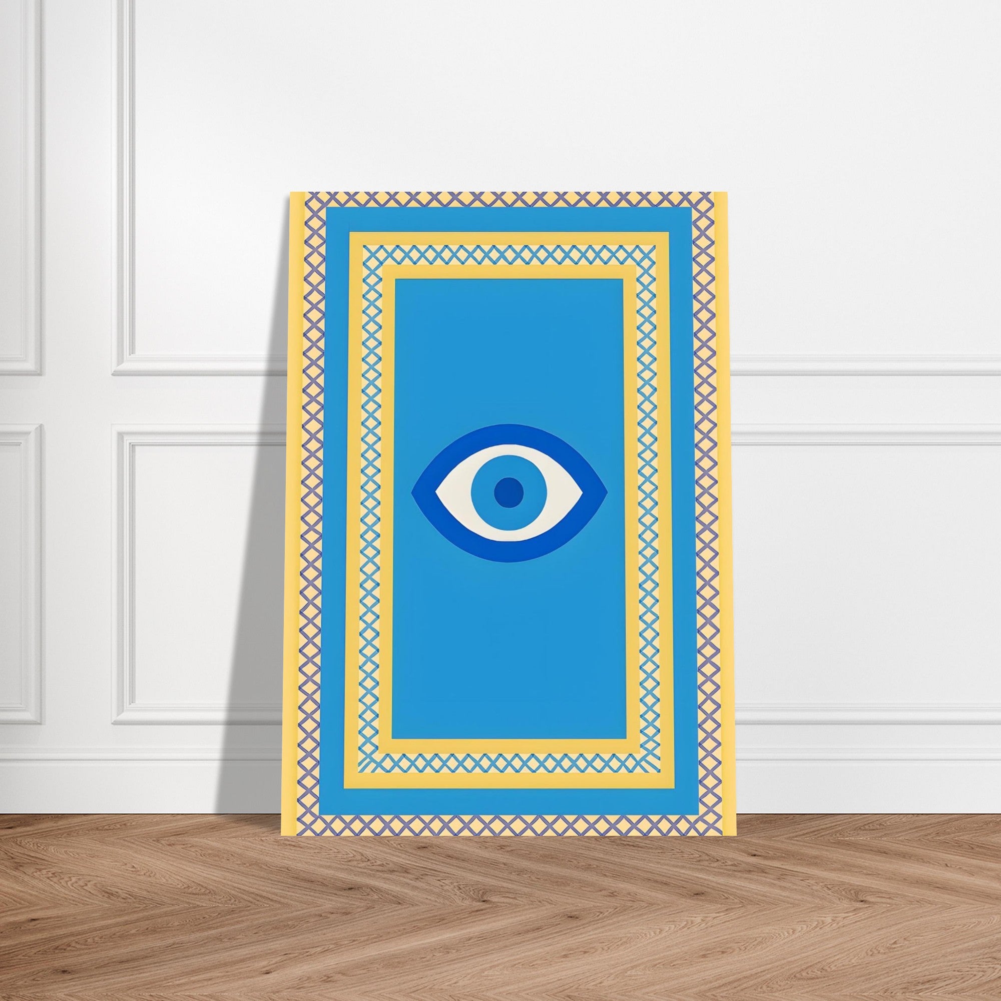 Azure Guardian – Evil Eye Folk Wall Art in Rich Earth Tones (A0, A1,A2, A3. A4 Poster) A0 (84.1 x 118.9 cm) All Blue
