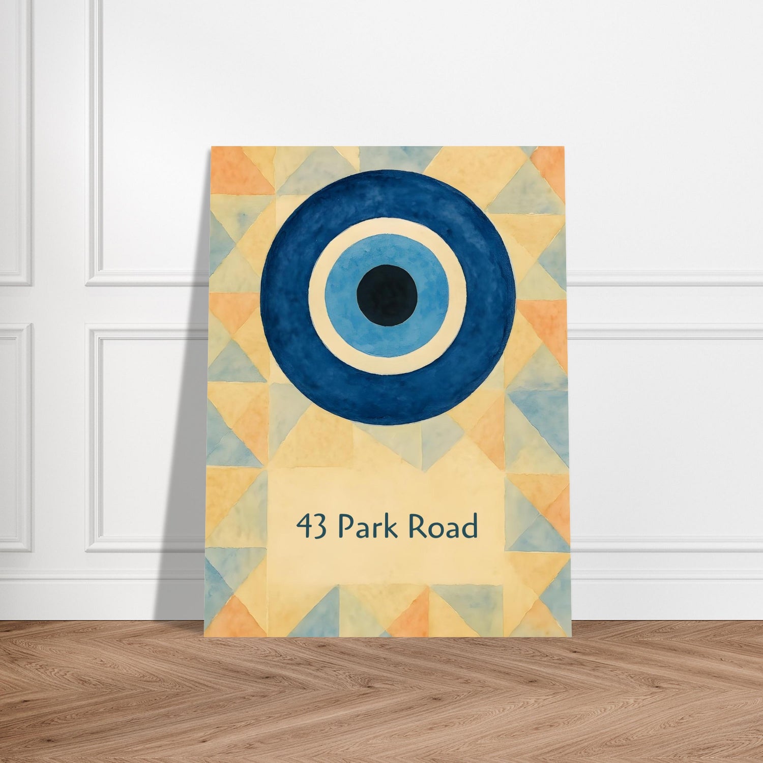 Custom Evil Eye Watercolor Poster | Personalized House Number Print | Geometric Nazar Wall Art, Unframed | ISO A1 A2 A3 A4 Sizes 15x20 cm 6x8″