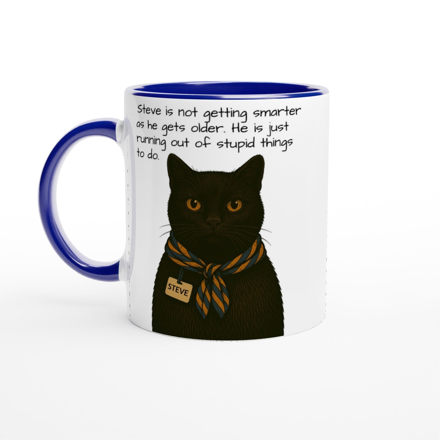 Steve Mysterious Cat Mug – Vintage Black Cat with Scarf – Funny 11oz Coffee Mug for Cat Lovers – Blank Name Tag – Quirky Animal Art Gift Ceramic Blue