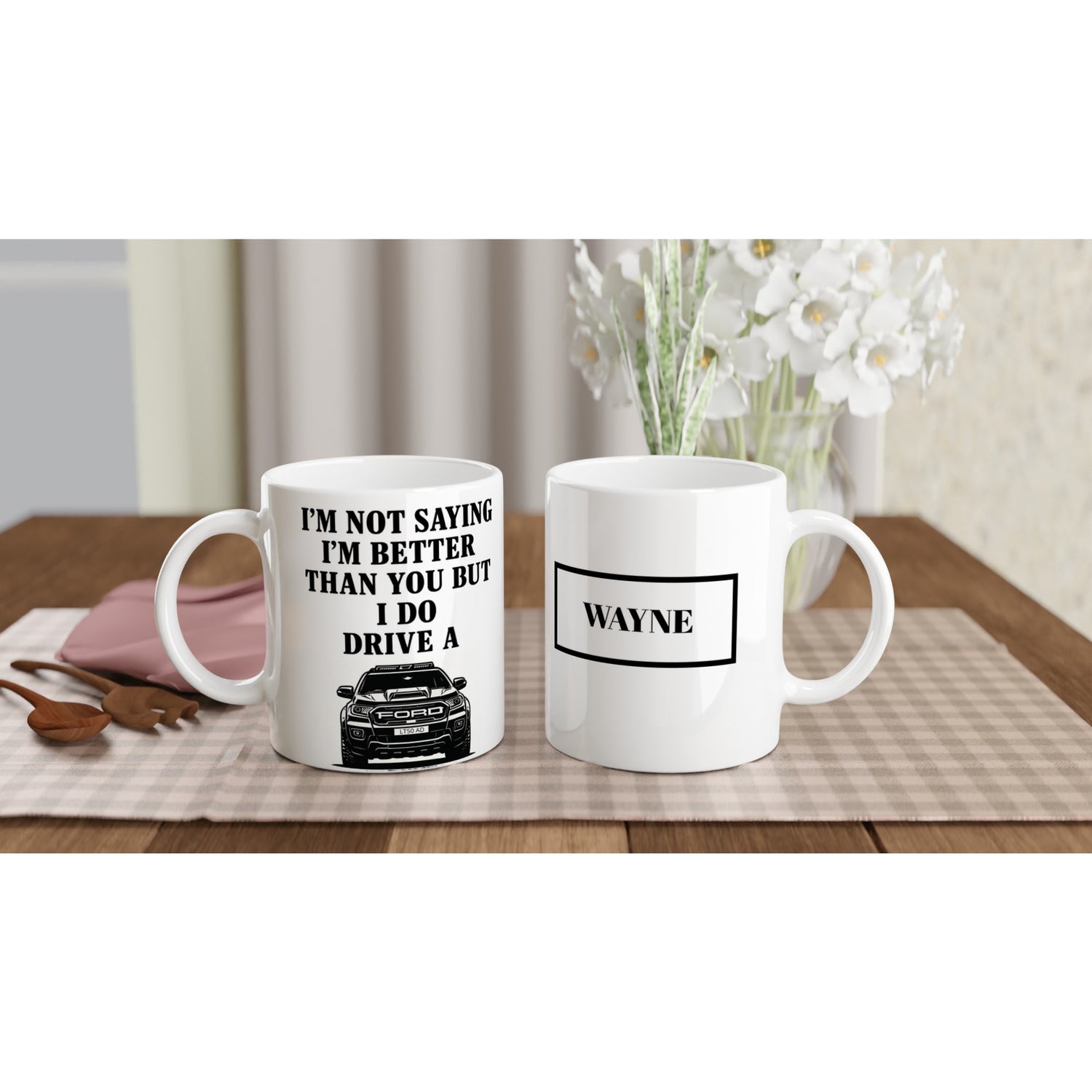Personalized Ford Ranger Wildtrak Mug - Modified Car Lover Dad Gift 11oz - Add Your Own Name and Number Plate Ceramic White