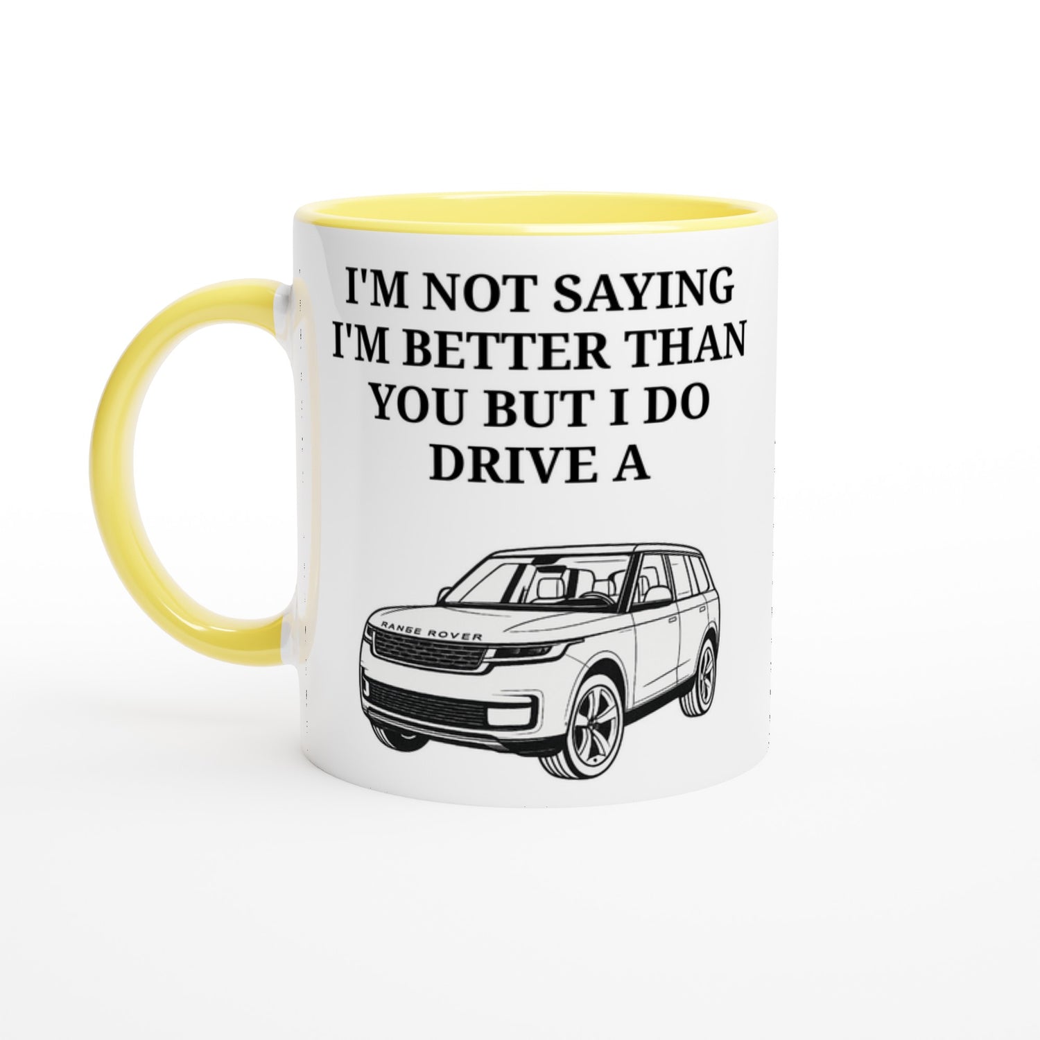 Funny Range Rover Mug – 11oz Luxury Car Driver Gift, Bold Statement Coffee Cup, Land Rover, Range Rover Gen 3 Lover Gift for Him or Her Ceramic Yellow