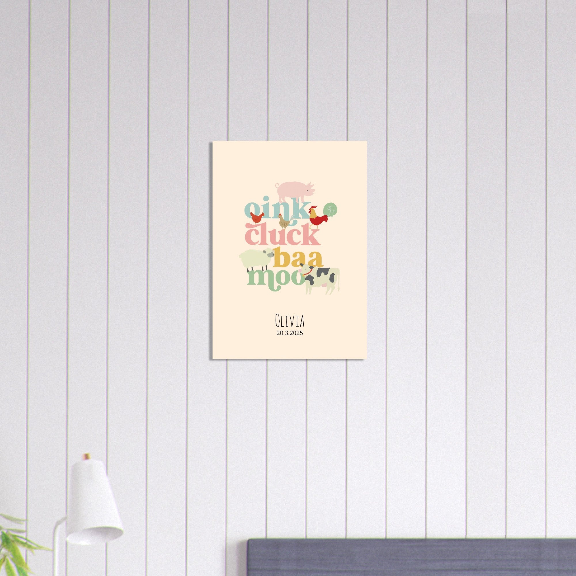 Oink Cluck Baa Moo Personalized Farm Print - Cute Nursery Wall Art Poster A2 (42 x 59.4 cm)