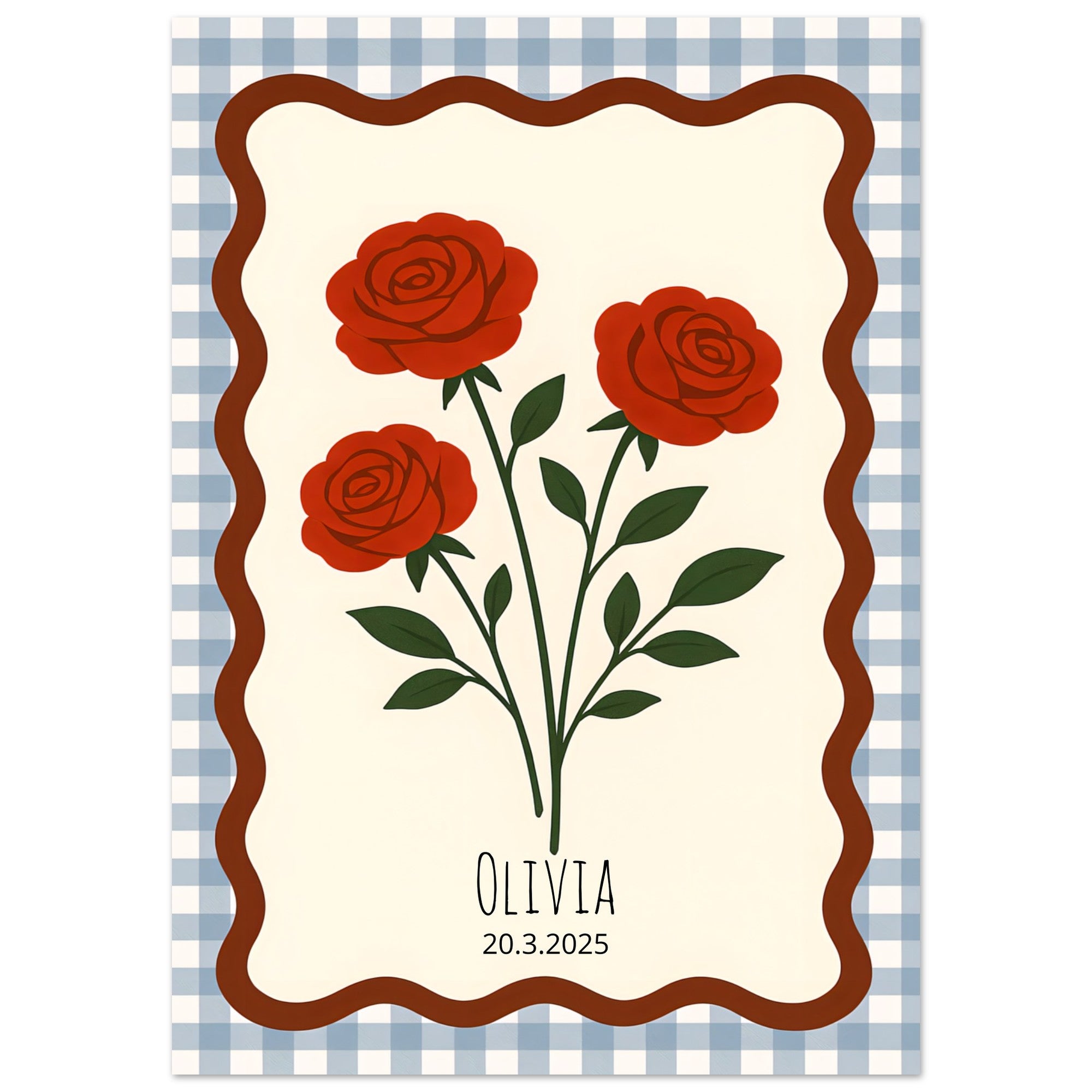 Custom Nursery Folk Art Floral Poster with Name Personalization – Red-Orange Flowers, Gingham Nursery Print, Wall Art Decor A0 (84.1 x 118.9 cm)