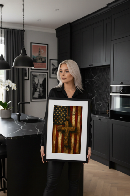 Christian Country Poster - American Flag &amp; Cross Wall Art | Patriotic Faith-Based Home Decor Print