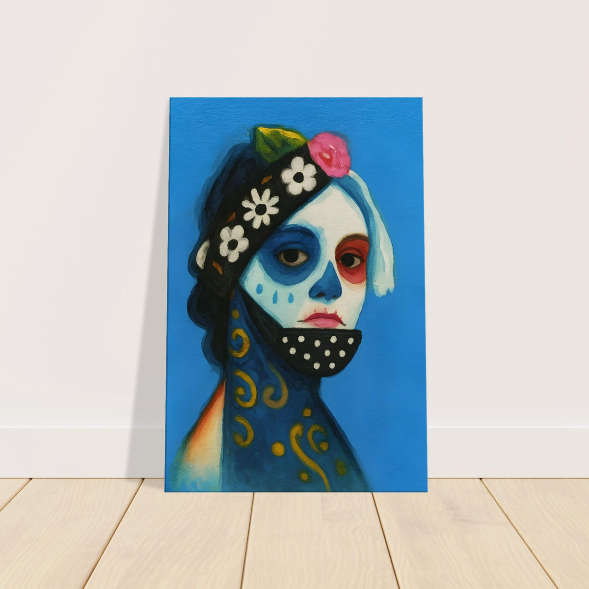 Day of the Dead Watercolor Canvas, Día de los Muertos Masked Woman Wall Art, Mexican Folk Art A3 Print, Skeleton Face Painting Slim Canvas