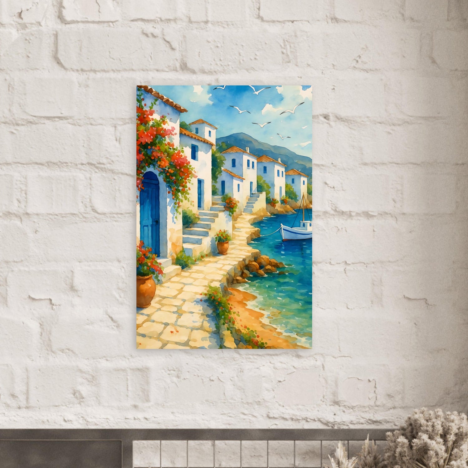 Greek Coastline Watercolor Poster | Mediterranean Seaside Art Print | Unframed Coastal Decor 60x90 cm 24x36″