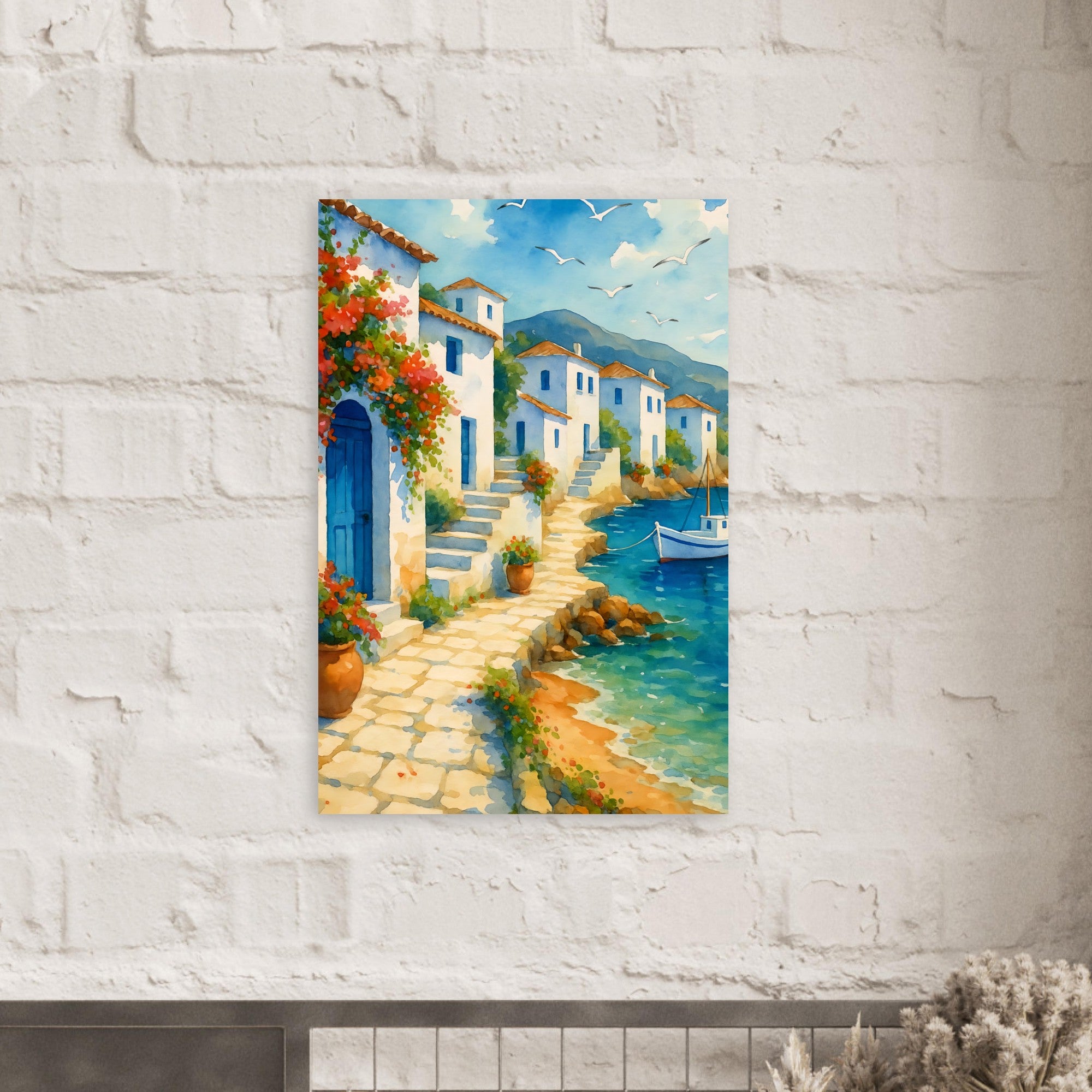 Greek Coastline Watercolor Poster | Mediterranean Seaside Art Print | Unframed Coastal Decor 60x90 cm 24x36″