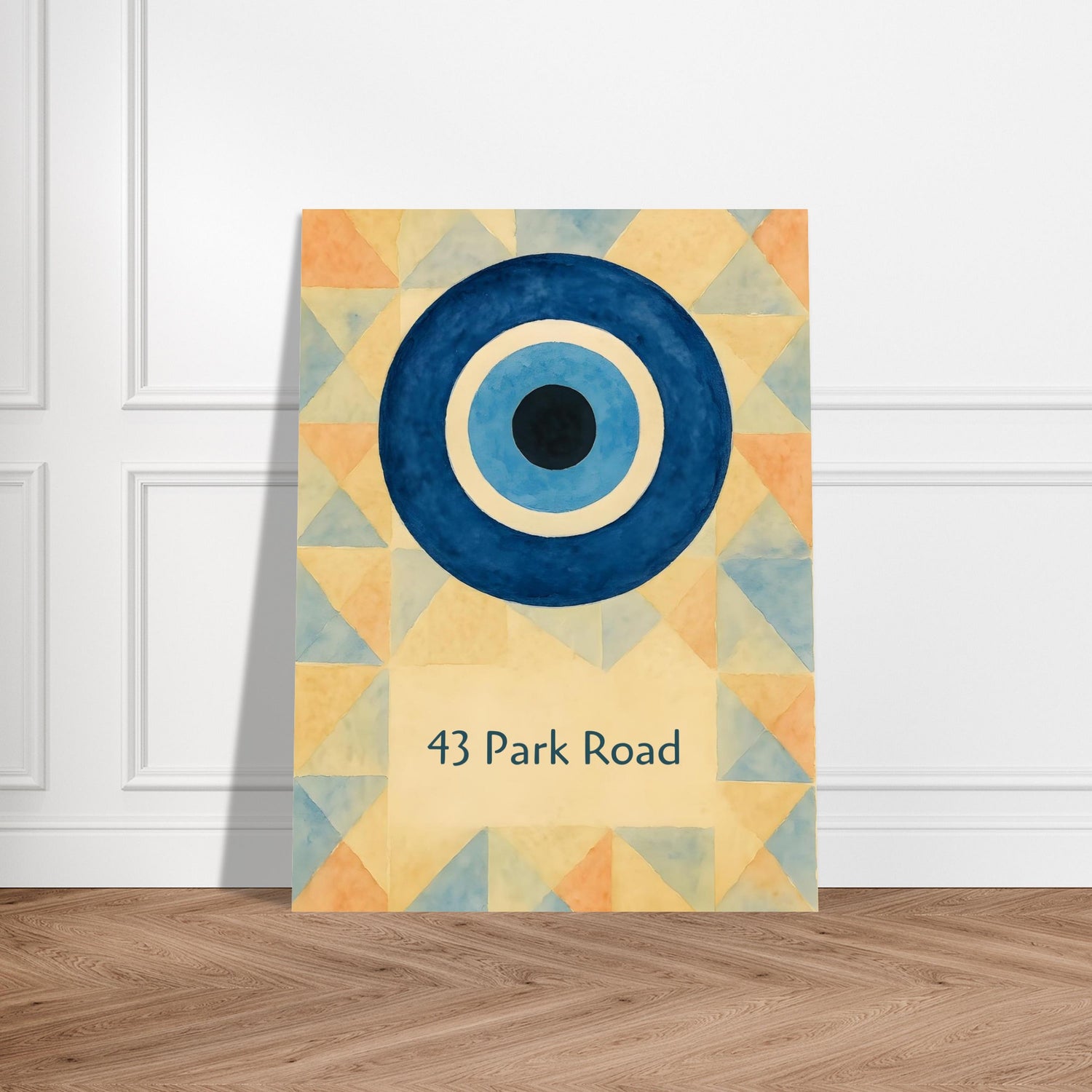 Custom Evil Eye Watercolor Poster | Personalized House Number Print | Geometric Nazar Wall Art, Unframed | ISO A1 A2 A3 A4 Sizes 45x60 cm 18x24″