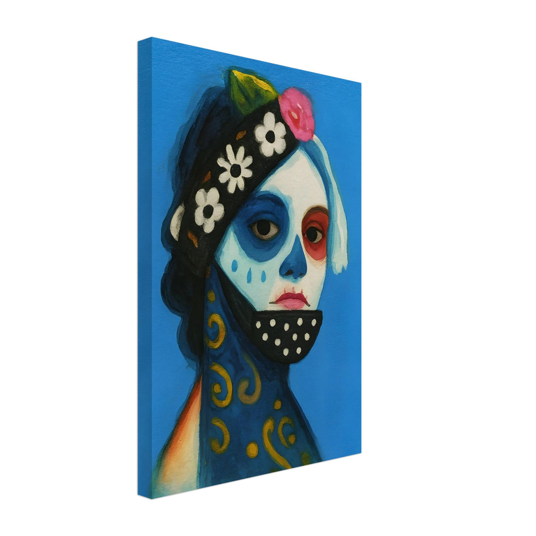 Day of the Dead Watercolor Canvas, Día de los Muertos Masked Woman Wall Art, Mexican Folk Art A3 Print, Skeleton Face Painting Slim Canvas 30x45 cm 12x18″