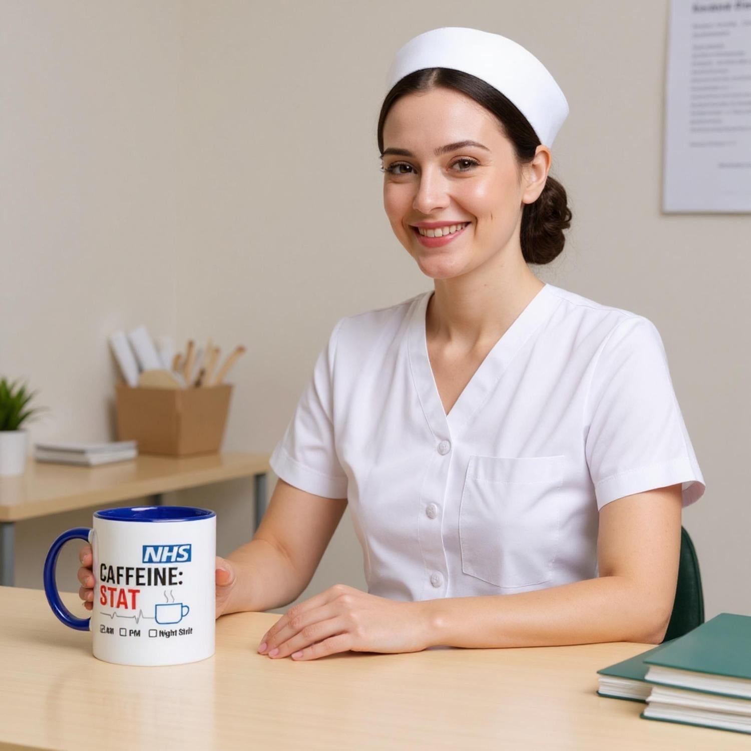Funny NHS Nurse Mug - Caffeine STAT Coffee Cup - Gift for Day Evening Night Shift Healthcare Heroes - Doctor Mug