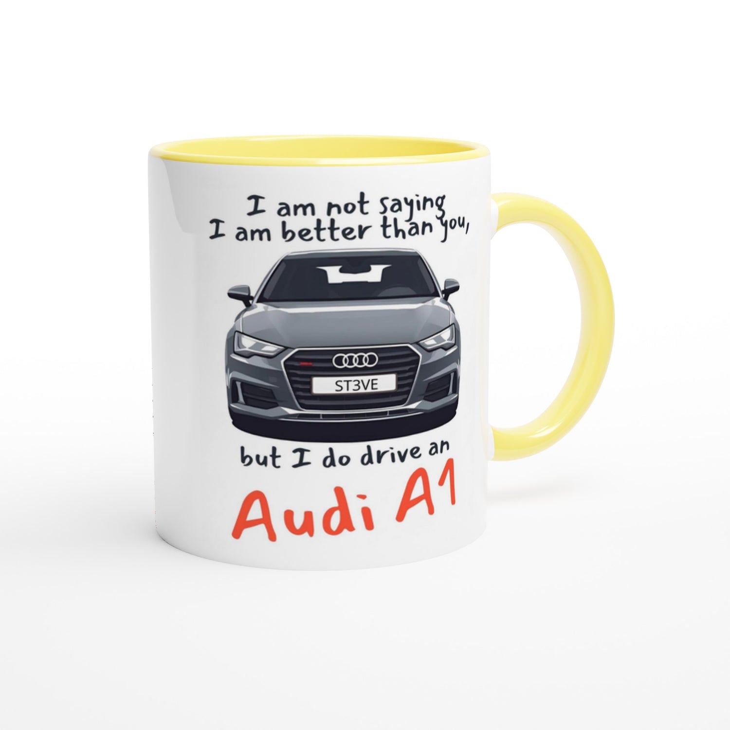 Personalized Audi Mug - 11oz Ceramic Coffee Cup for Car Lovers - Dishwasher &amp; Microwave Safe Ceramic Yellow
