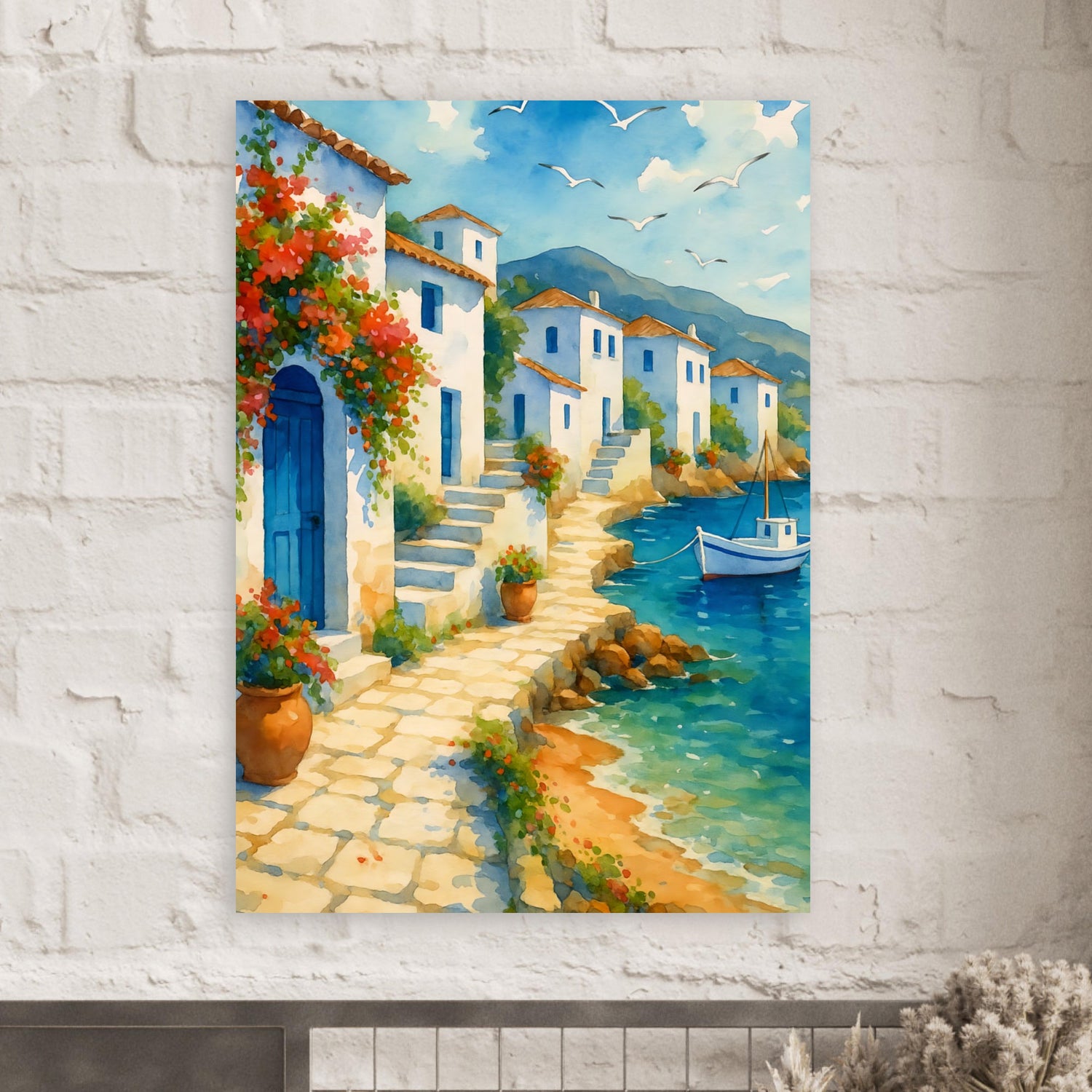 Greek Coastline Watercolor Poster | Mediterranean Seaside Art Print | Unframed Coastal Decor A0 (84.1 x 118.9 cm)