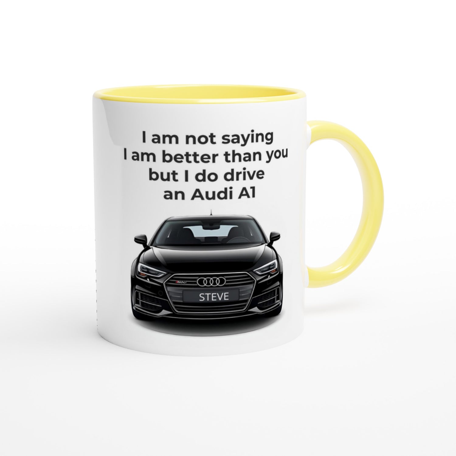 Funny Personalized Audi Car Mug - 11oz Ceramic Coffee Cup for Car Lovers - Dishwasher &amp; Microwave Safe Ceramic Yellow