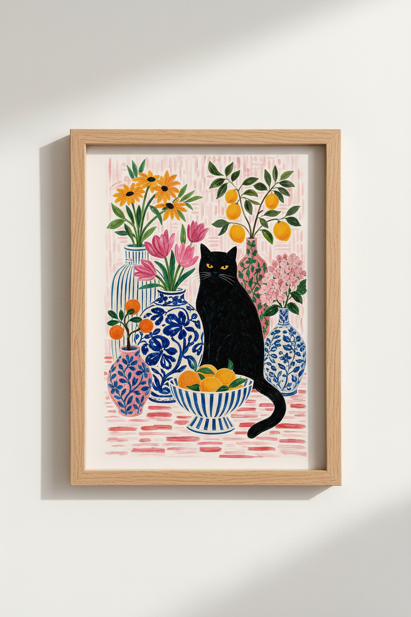 Black Cat Poster | Colorful Chinoiserie Floral Vases, Whimsical Folk Art Room Decor