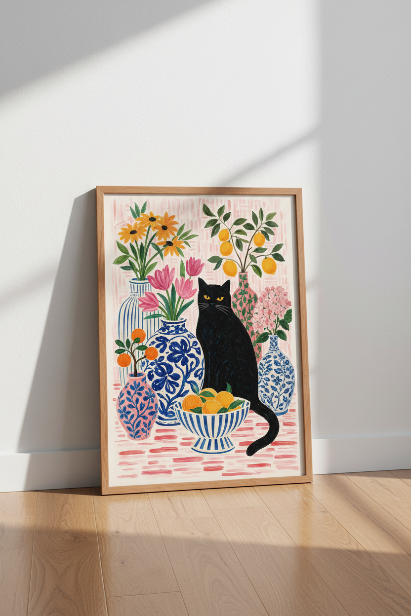 Black Cat Poster | Colorful Chinoiserie Floral Vases, Whimsical Folk Art Room Decor