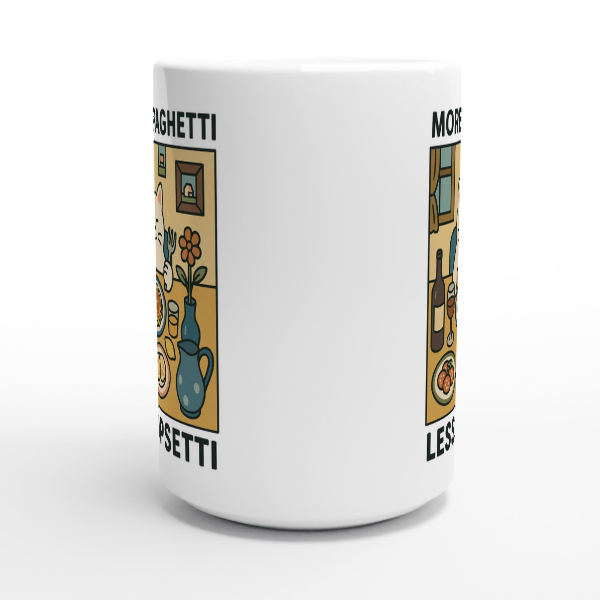 More Spaghetti Less Upsetti Mug - Cute Cat Lover Gift - 15oz Ceramic Cup for Coffee &amp; Tea - White 15oz Ceramic Mug
