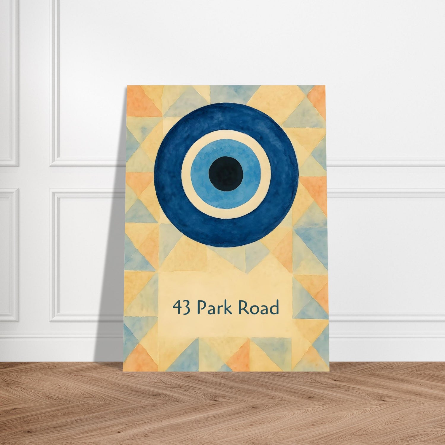 Custom Evil Eye Watercolor Poster | Personalized House Number Print | Geometric Nazar Wall Art, Unframed | ISO A1 A2 A3 A4 Sizes 13x18 cm 5x7″