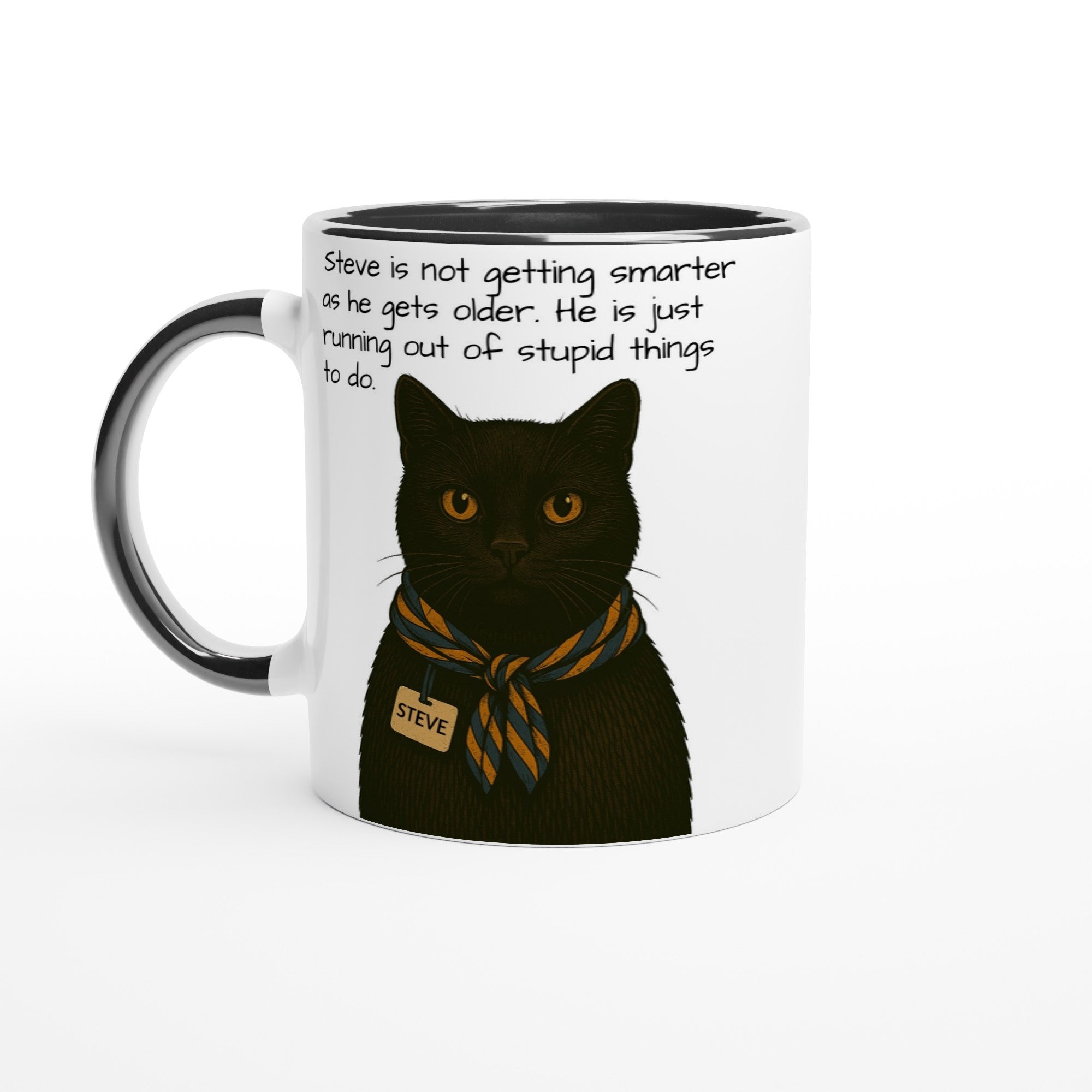 Steve Mysterious Cat Mug – Vintage Black Cat with Scarf – Funny 11oz Coffee Mug for Cat Lovers – Blank Name Tag – Quirky Animal Art Gift Ceramic Black