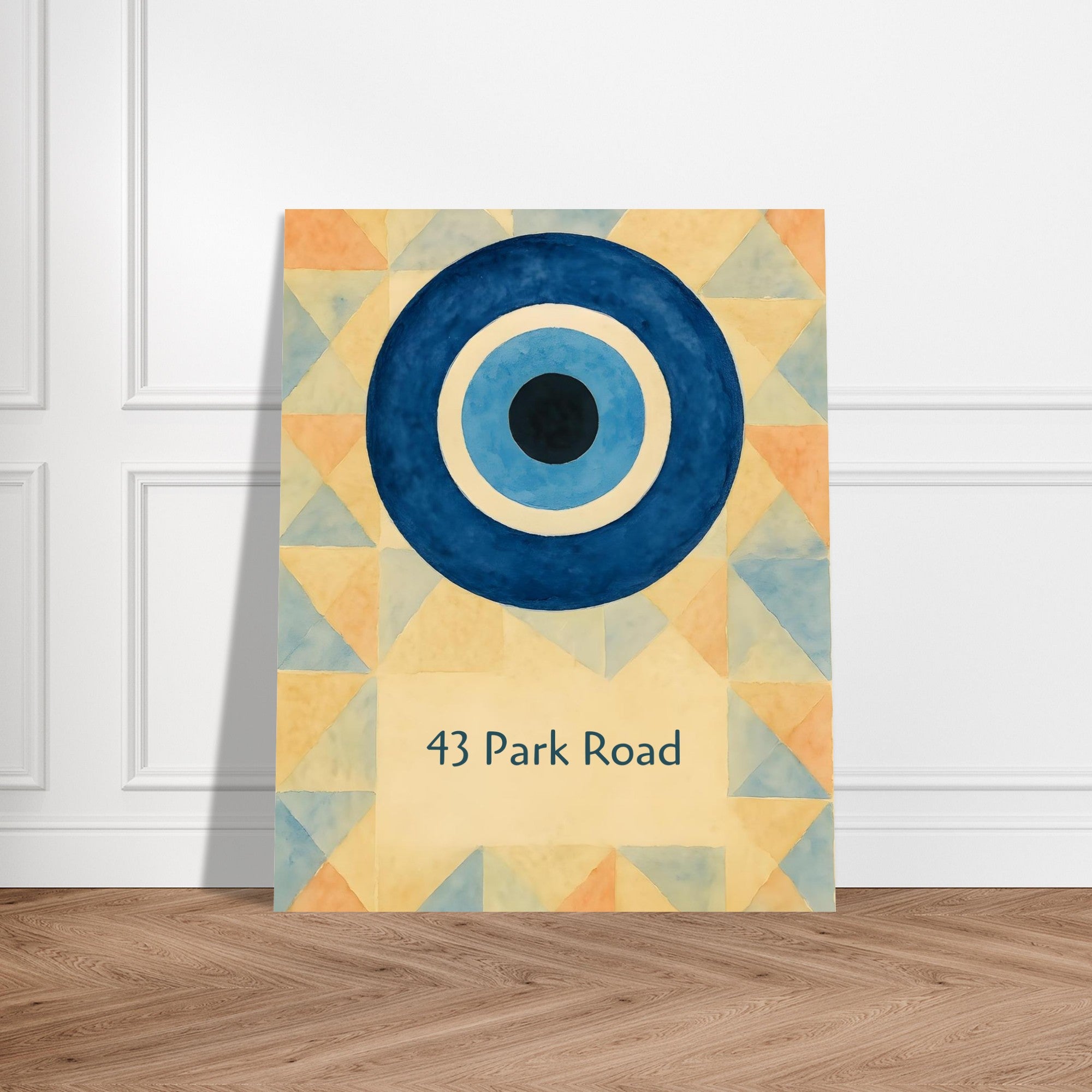 Custom Evil Eye Watercolor Poster | Personalized House Number Print | Geometric Nazar Wall Art, Unframed | ISO A1 A2 A3 A4 Sizes 40x50 cm 16x20″