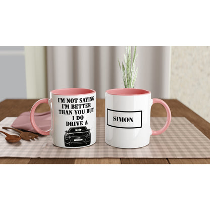 Funny Personalized Audi Mug - Custom Car Lover Dad Gift - Add Name &amp; Number Plate - 11oz Ceramic Ceramic Pink