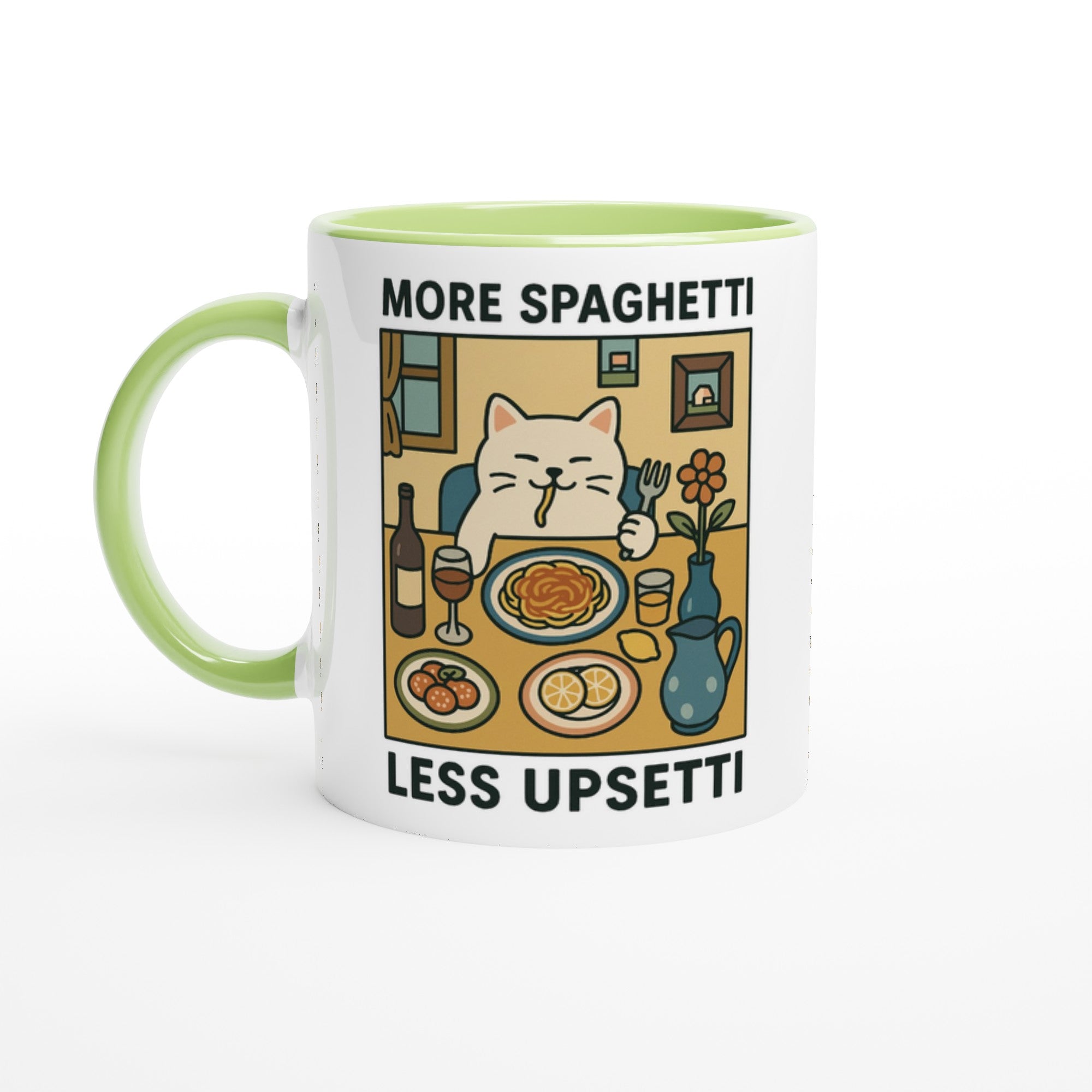 More Spaghetti Less Upsetti Mug - Cute Cat Lover Gift - 11oz Ceramic Cup for Coffee &amp; Tea Ceramic Green
